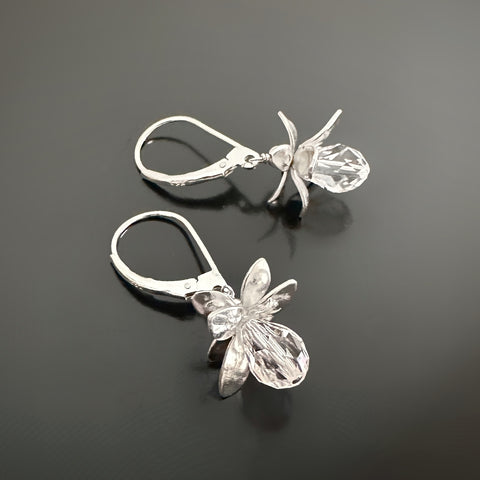 lady slipper orchid inspired sterling silver earrings with clear crystal