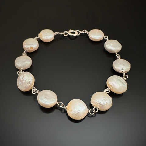 White Freshwater Coin Pearl Bracelet, hand made sterling silver links