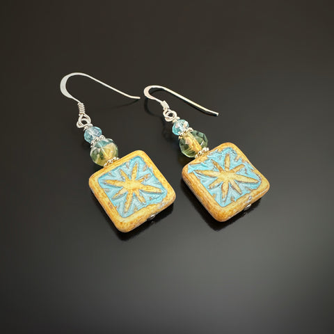 Turquoise Starburst Czech Glass Earrings