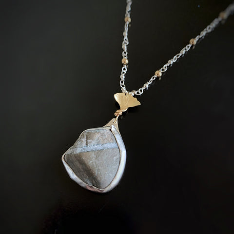 Canandaigua Lake Stone Pendant with Brass Ginkgo Leaf